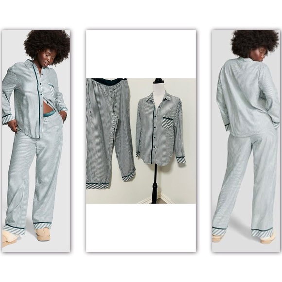 PINK Victoria's Secret Striped Flannel Pajama Set Med Deep Forest Green Velvet - Picture 1 of 16